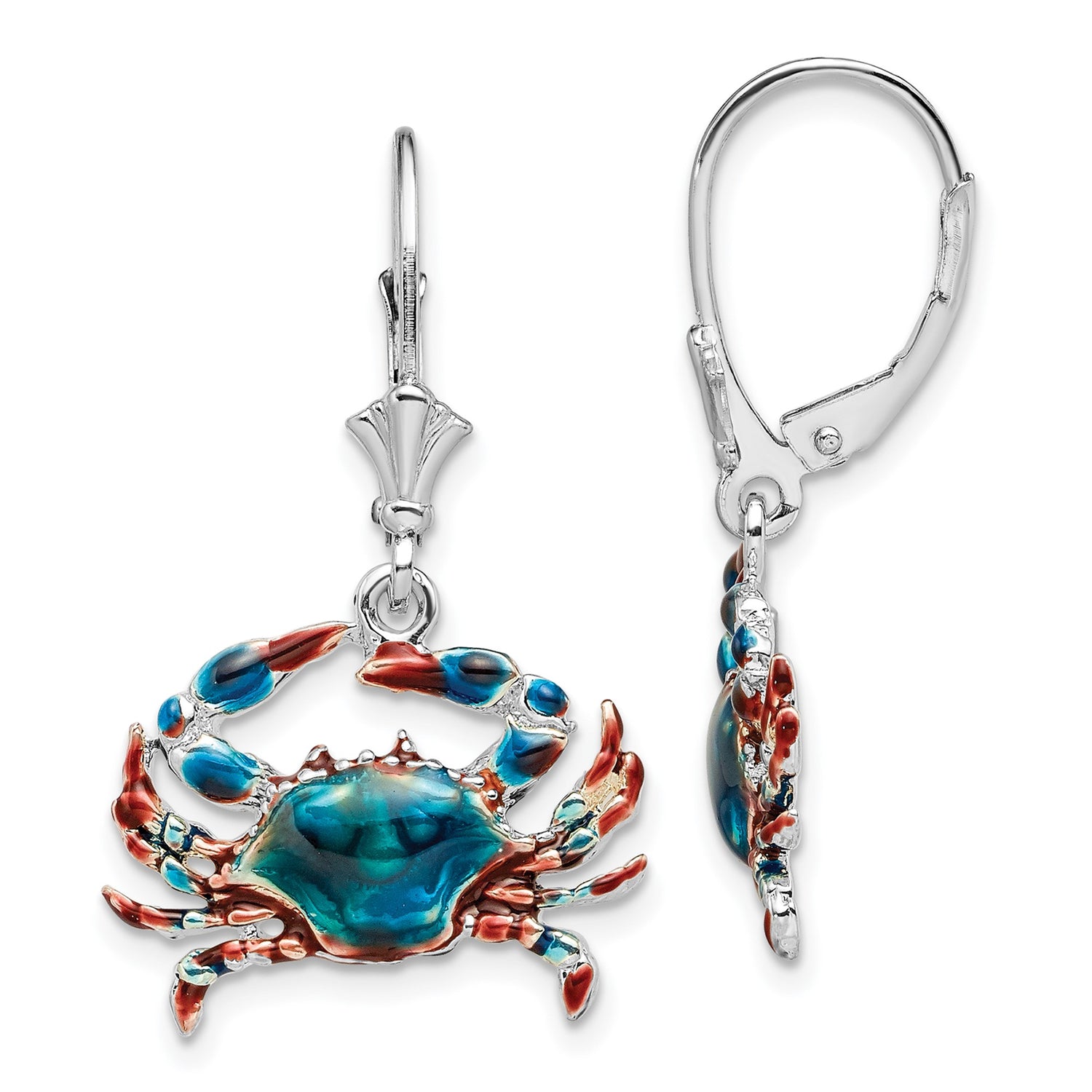 Sterling Silver Drop Crab Earrings with Blue Enamel, Nautical Beach Style for Women