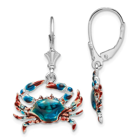 Sterling Silver Drop Crab Earrings with Blue Enamel, Nautical Beach Style for Women