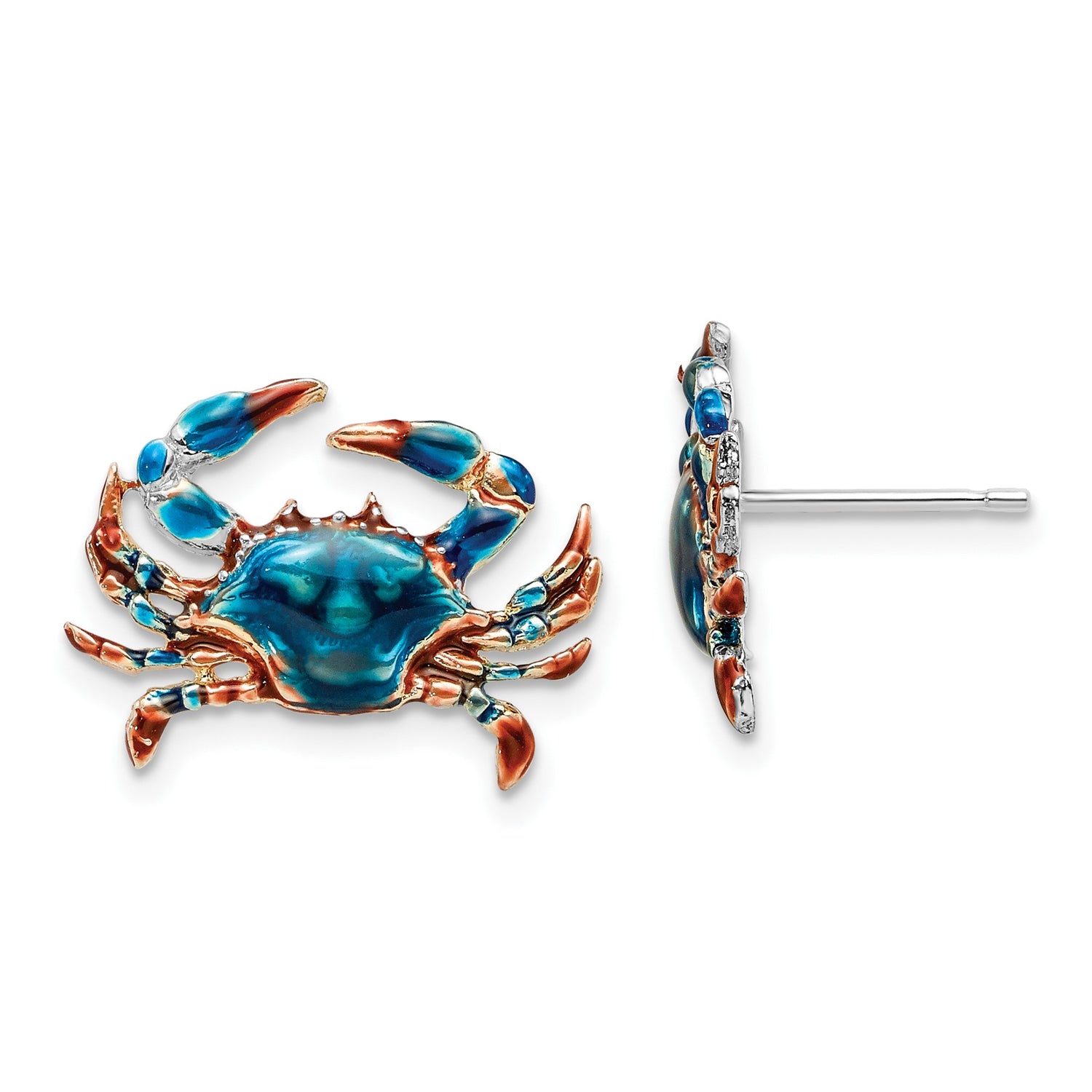 Sterling Silver Crab Stud Earrings with Blue Enamel, Nautical Ocean Theme