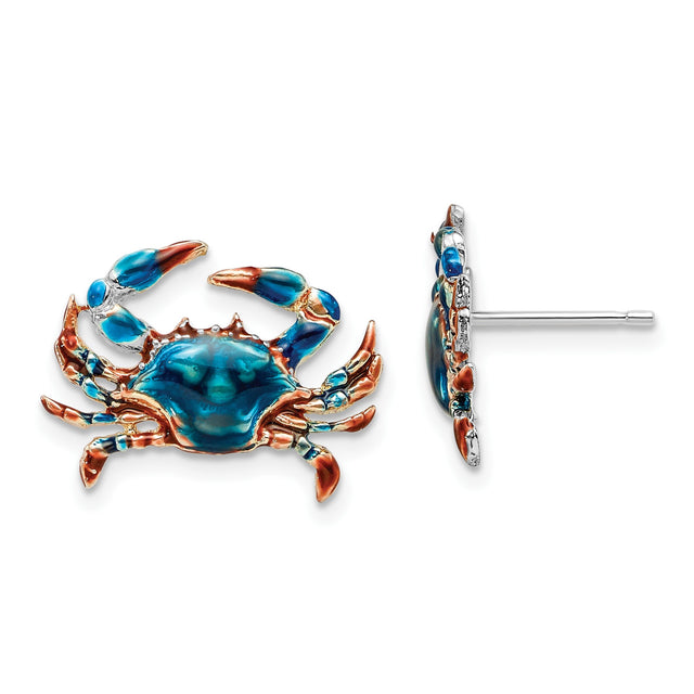 Sterling Silver Crab Stud Earrings with Blue Enamel, Nautical Ocean Theme