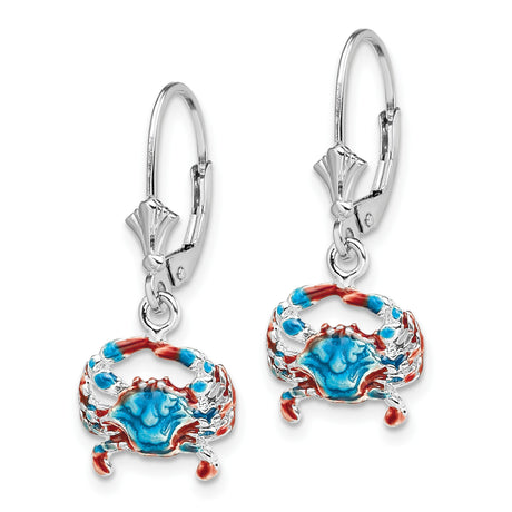 Sterling Silver Crab Dangle Leverback Earrings with Red and Blue Enamel, Nautical Coastal Style