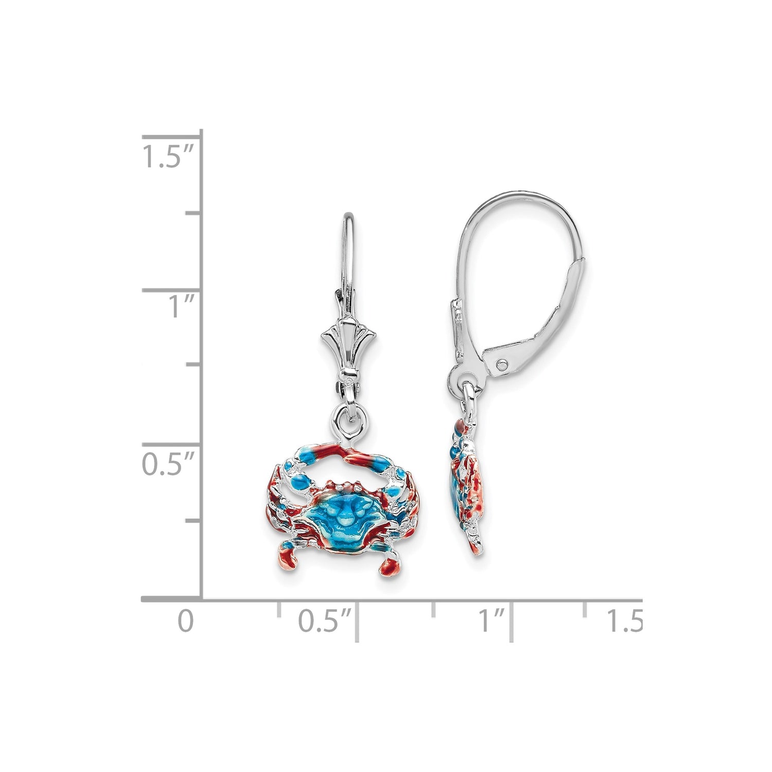 Sterling Silver Crab Dangle Leverback Earrings with Red and Blue Enamel, Nautical Coastal Style