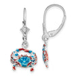 Sterling Silver Crab Dangle Leverback Earrings with Red and Blue Enamel, Nautical Coastal Style