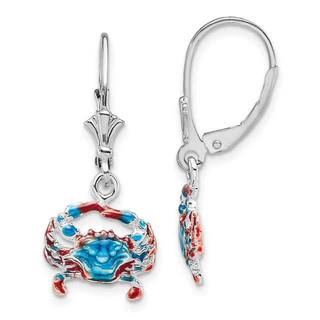 Sterling Silver Crab Dangle Leverback Earrings with Red and Blue Enamel, Nautical Coastal Style