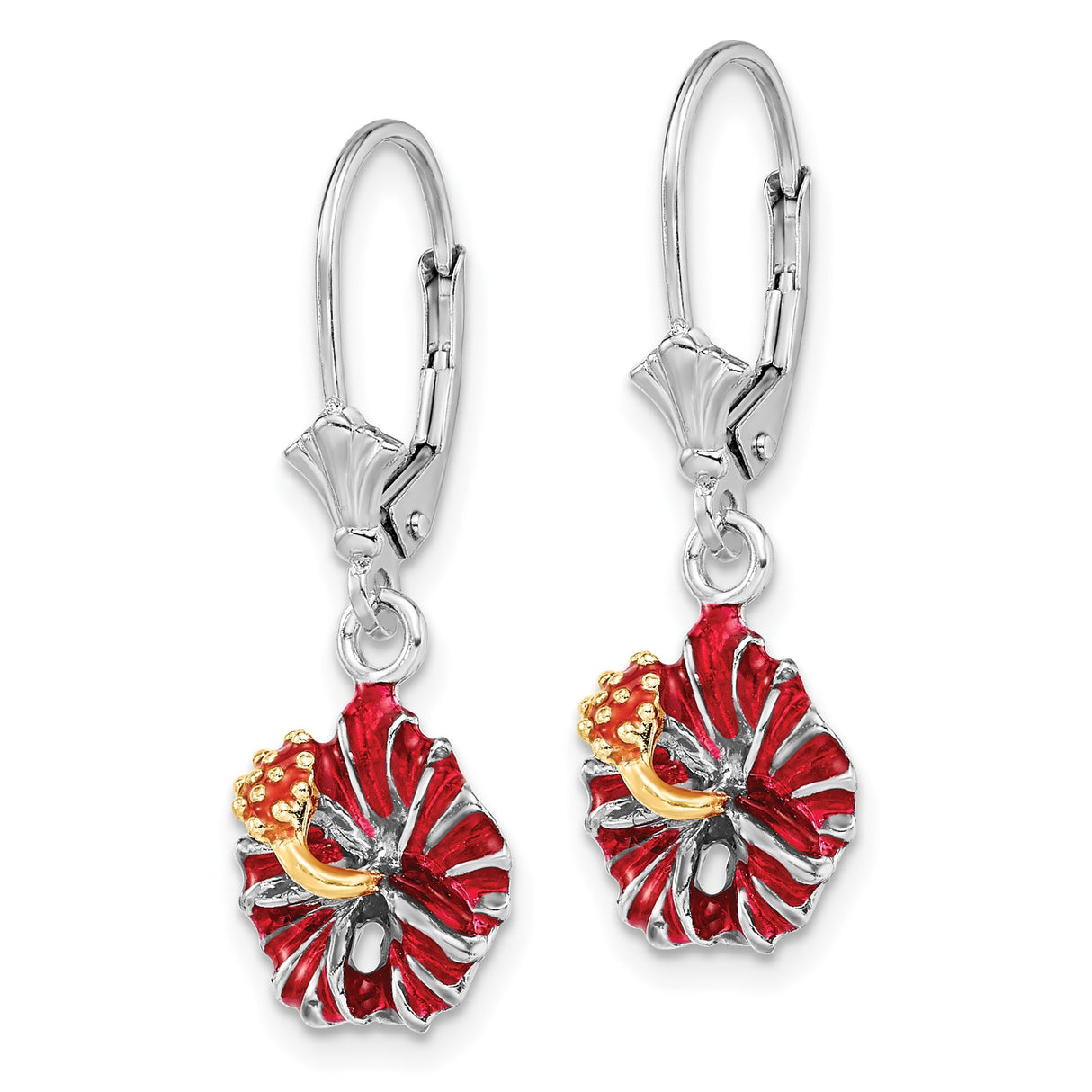 Sterling Silver Leverback Earrings with Red and Gold Enamel Hibiscus Flowers, Tropical Floral Design