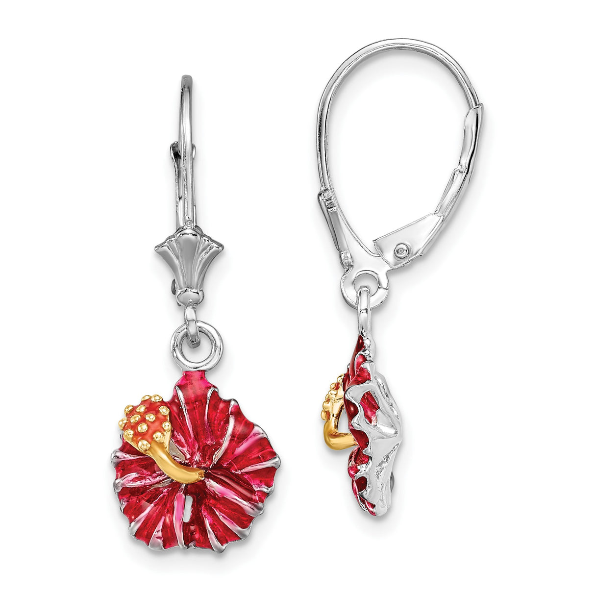 Sterling Silver Leverback Earrings with Red and Gold Enamel Hibiscus Flowers, Tropical Floral Design