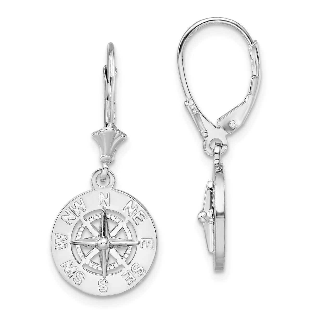 Sterling Silver Compass Rose Leverback Earrings, Nautical Theme Dangle Jewelry