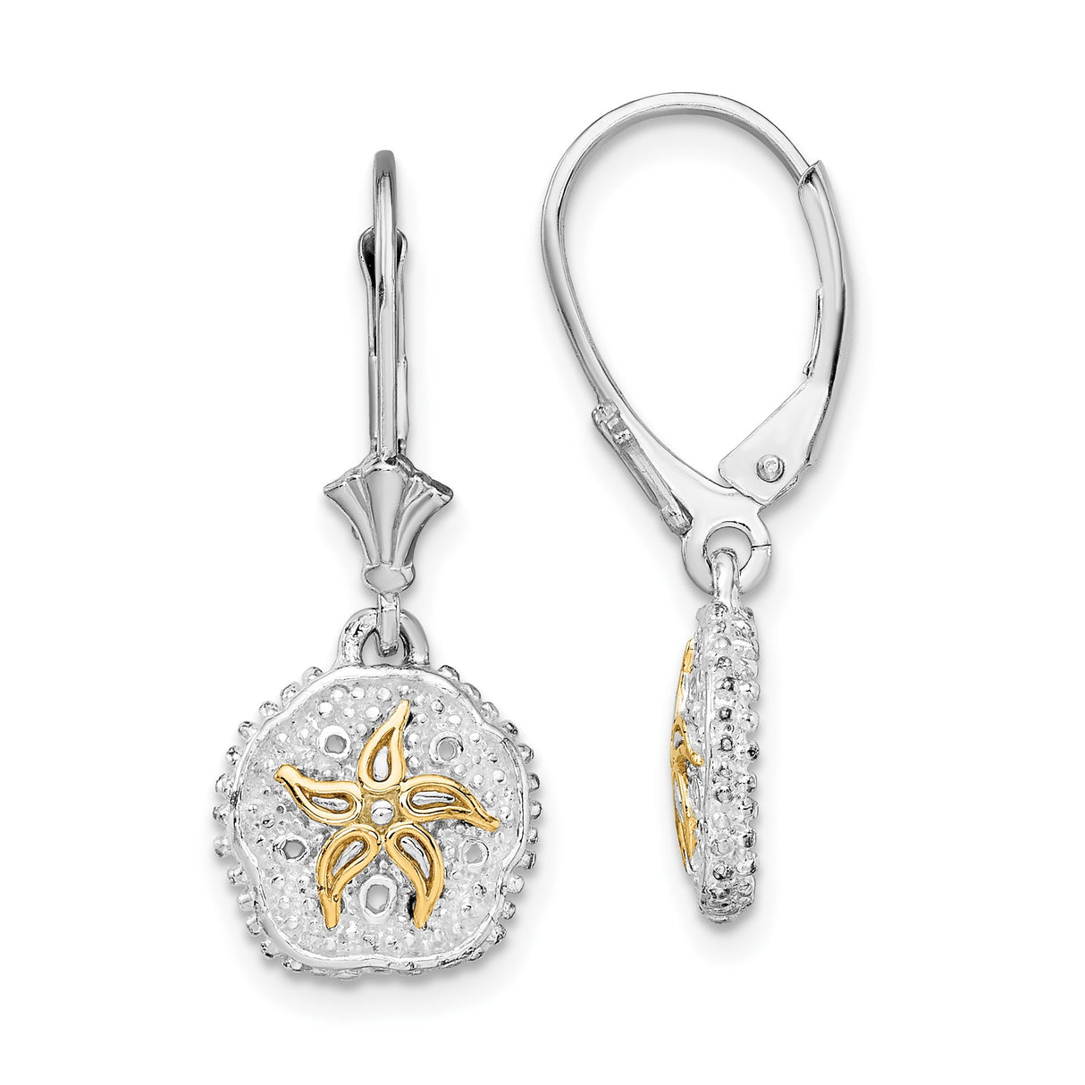 Sterling Silver Two-Tone Starfish Dangle Earrings, Textured Sand Dollar, Nautical Beach Theme