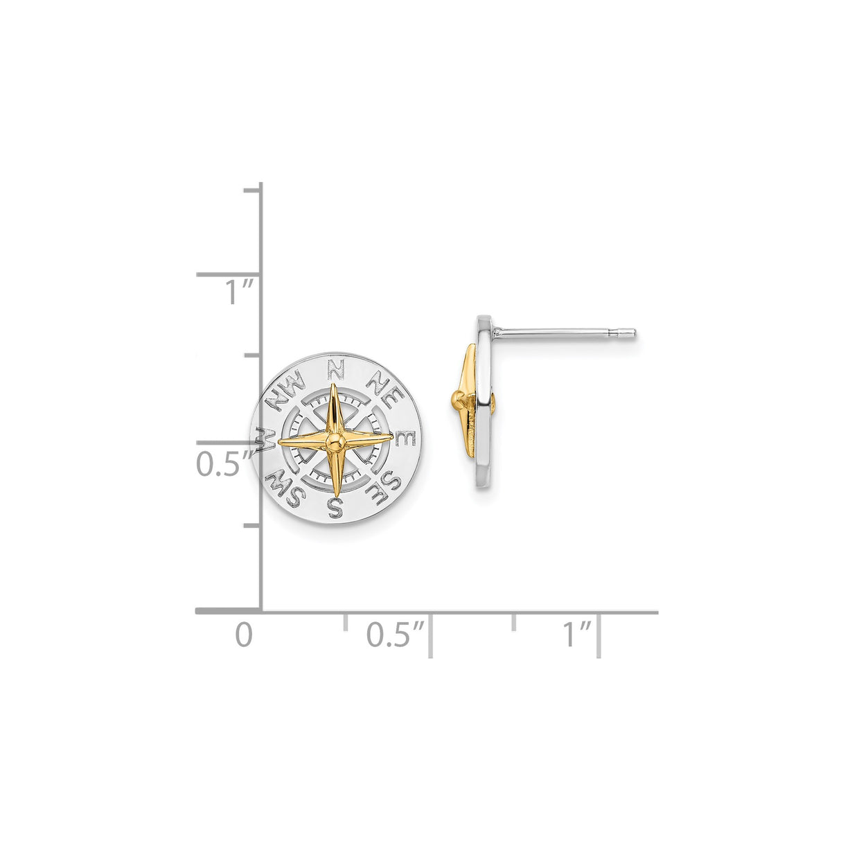 Sterling Silver Two-Tone Compass Stud Earrings with Directional Markings, Nautical Travel Theme