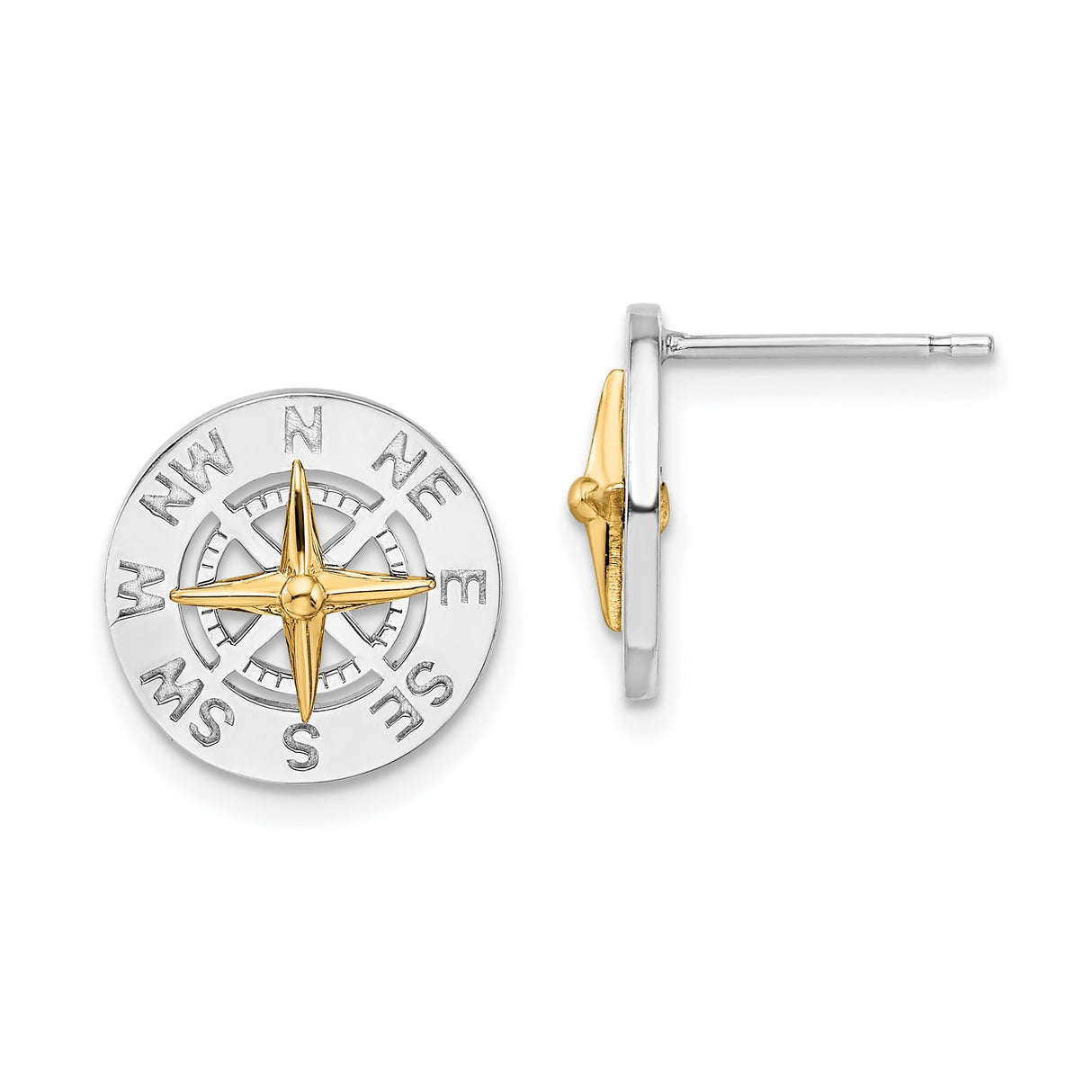Sterling Silver Two-Tone Compass Stud Earrings with Directional Markings, Nautical Travel Theme