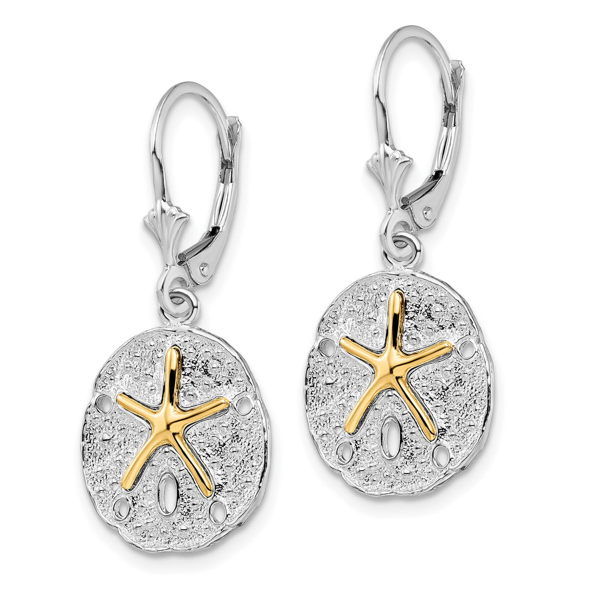 Sterling Silver Leverback Earrings with Sand Dollar Drop and 14k Gold Starfish Accent