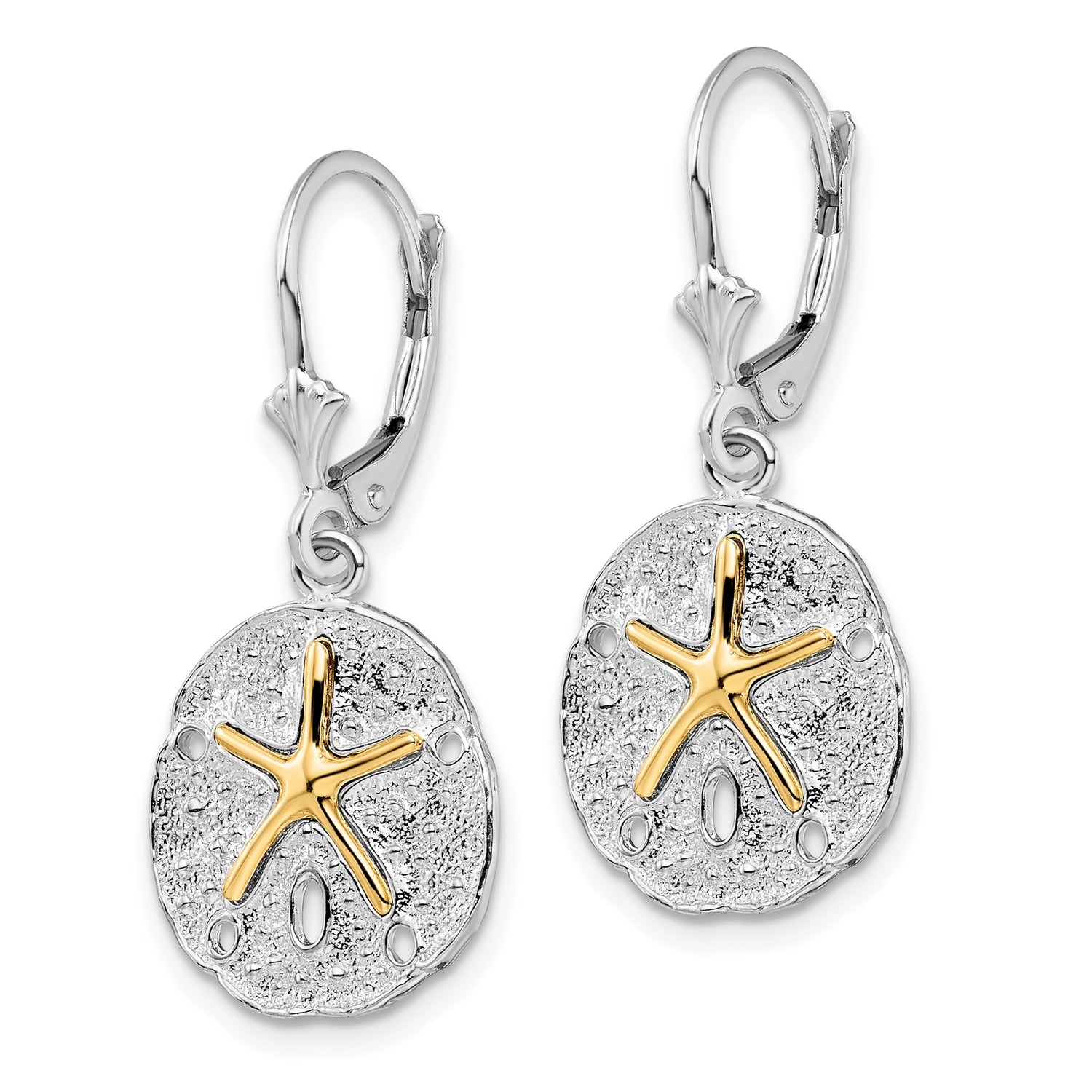 Sterling Silver Leverback Earrings with Sand Dollar Drop and 14k Gold Starfish Accent