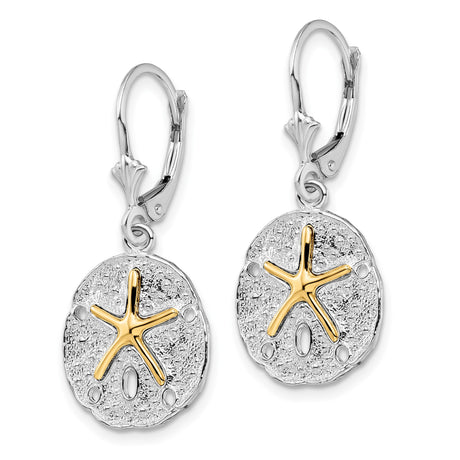 Sterling Silver Leverback Earrings with Sand Dollar Drop and 14k Gold Starfish Accent