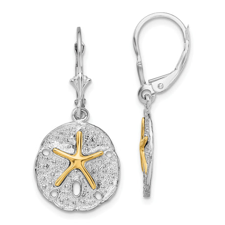Sterling Silver Leverback Earrings with Sand Dollar Drop and 14k Gold Starfish Accent