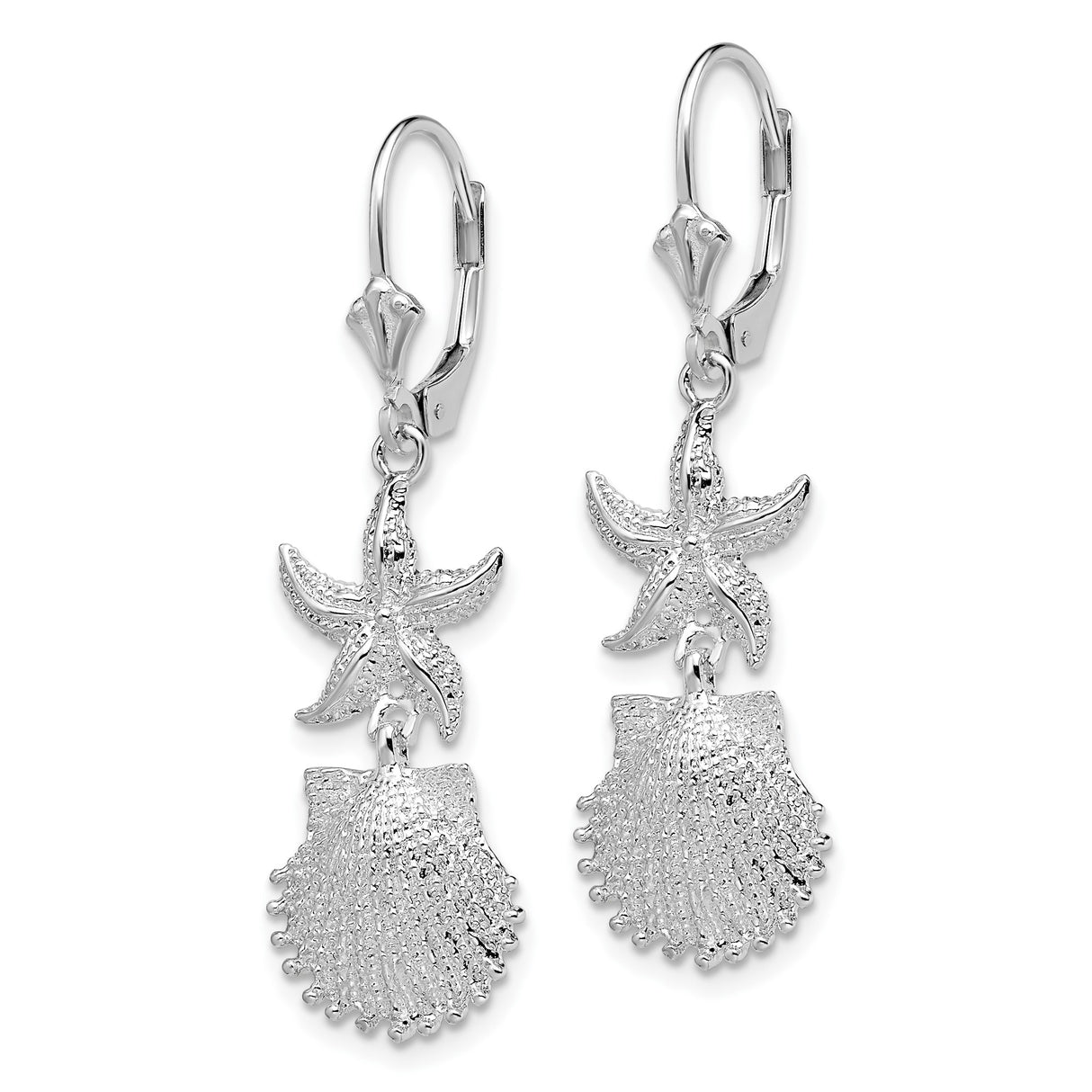 Sterling Silver Dangle Earrings with Starfish and Seashell Charms, Coastal Nautical Style