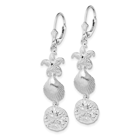 Sterling Silver Dangle Earrings with Starfish, Seashell, and Sand Dollar Charms, Nautical Theme