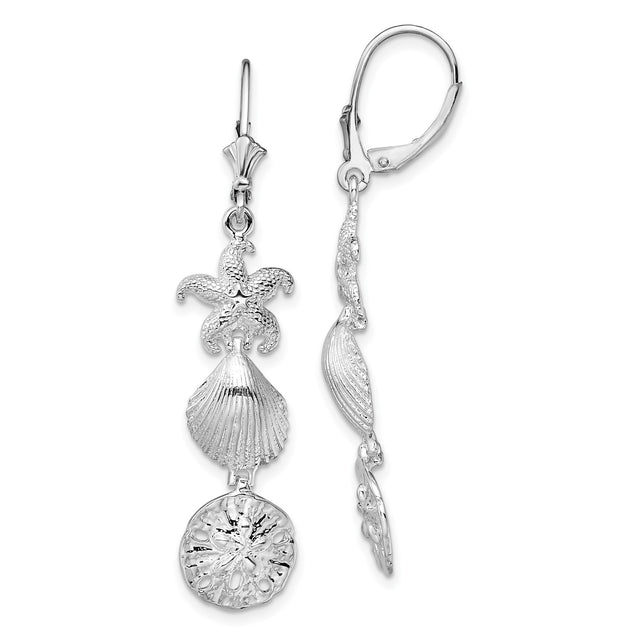 Sterling Silver Dangle Earrings with Starfish, Seashell, and Sand Dollar Charms, Nautical Theme