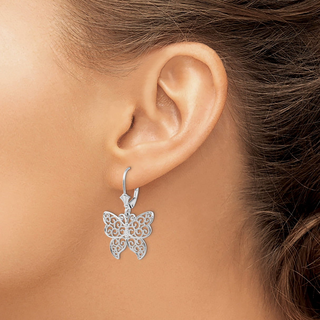 Sterling Silver Butterfly Dangle Earrings with Filigree Design Leverbacks for Women