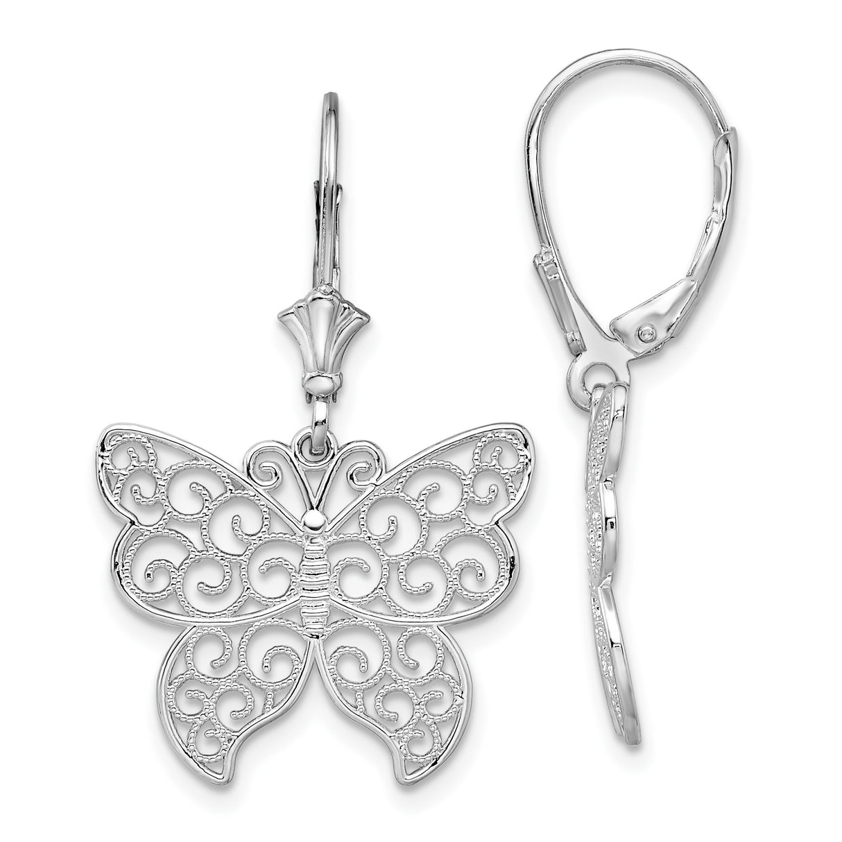 Sterling Silver Butterfly Dangle Earrings with Filigree Design Leverbacks for Women