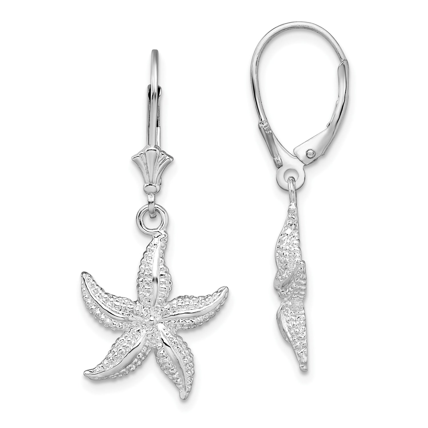 Sterling Silver Starfish Dangle Earrings with Leverback Closures, Ocean-Inspired Design