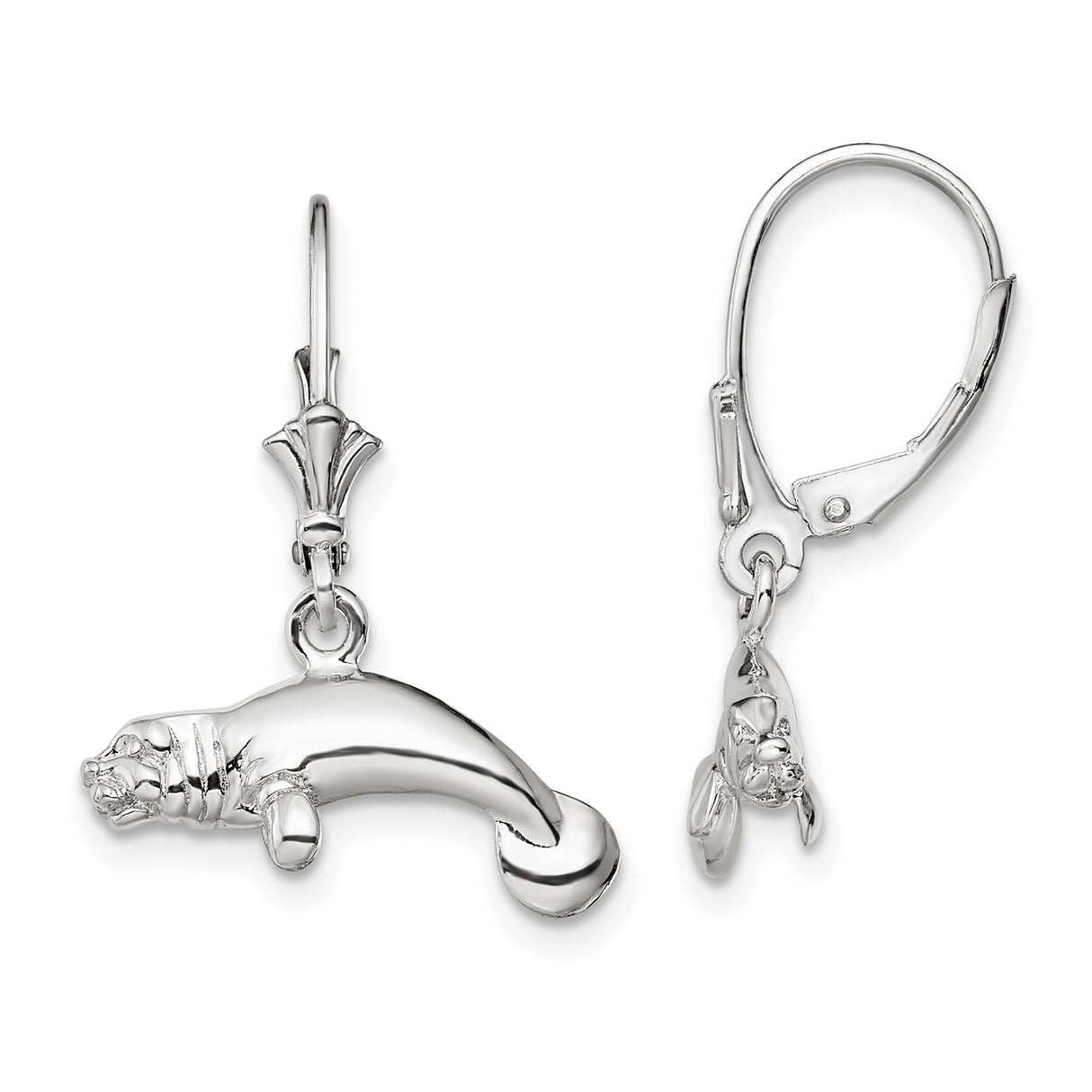 Sterling Silver Manatee Dangle Earrings, Nautical Sea Life Theme for Women
