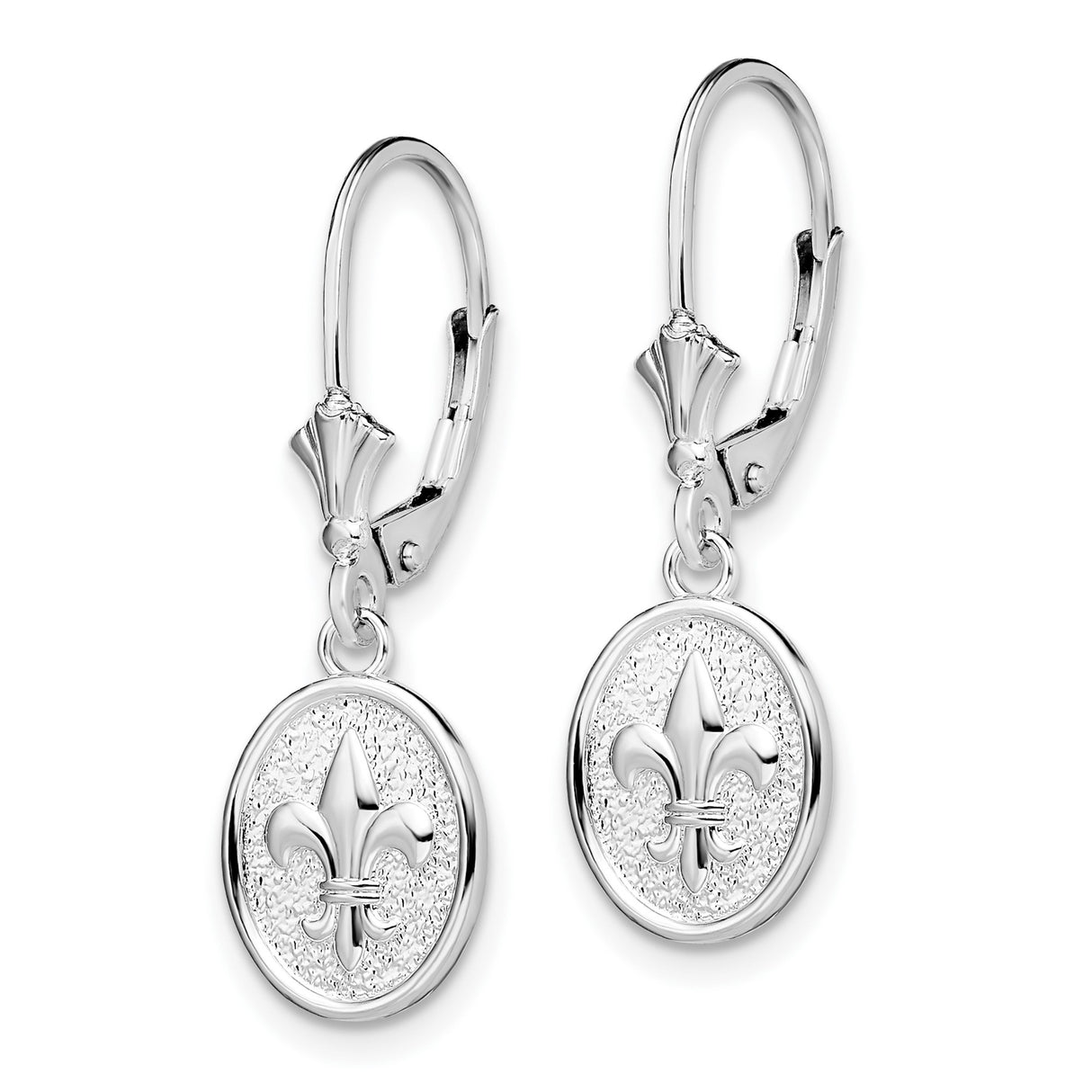 Sterling Silver Leverback Dangle Earrings with Oval Medallion and Fleur-de-Lis Design