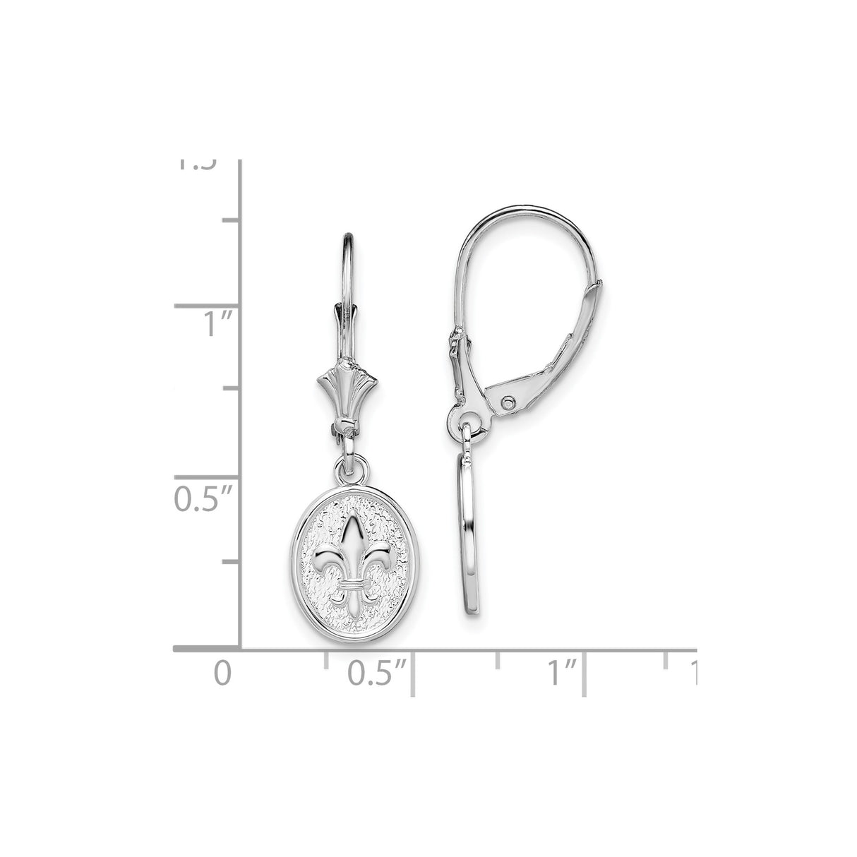 Sterling Silver Leverback Dangle Earrings with Oval Medallion and Fleur-de-Lis Design