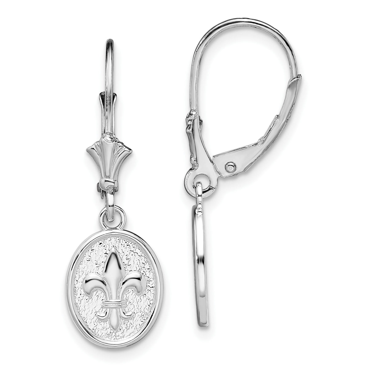Sterling Silver Leverback Dangle Earrings with Oval Medallion and Fleur-de-Lis Design