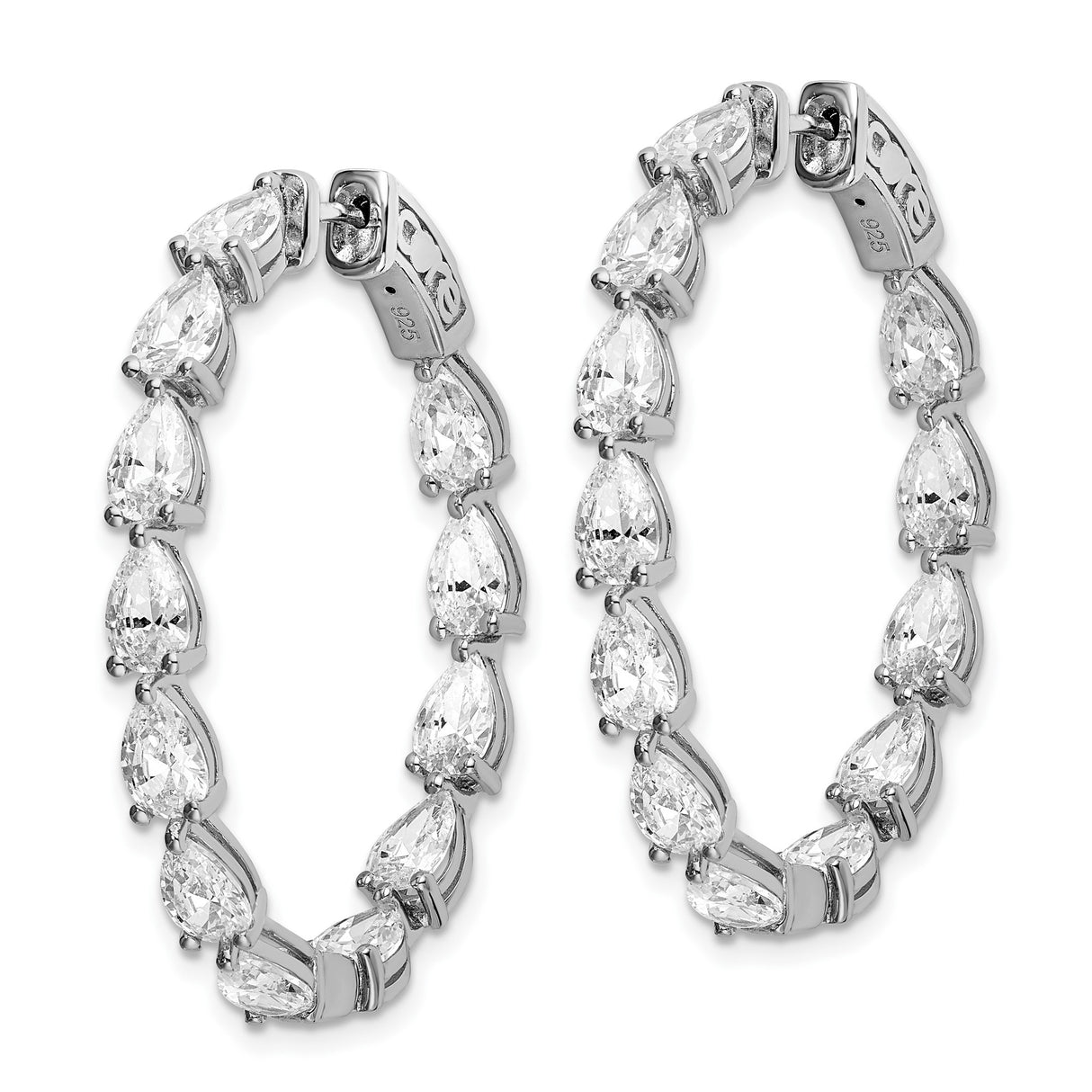 Sterling Silver Hoop Earrings with Pear Cut and Baguette Cubic Zirconia, Oval Hinged Design