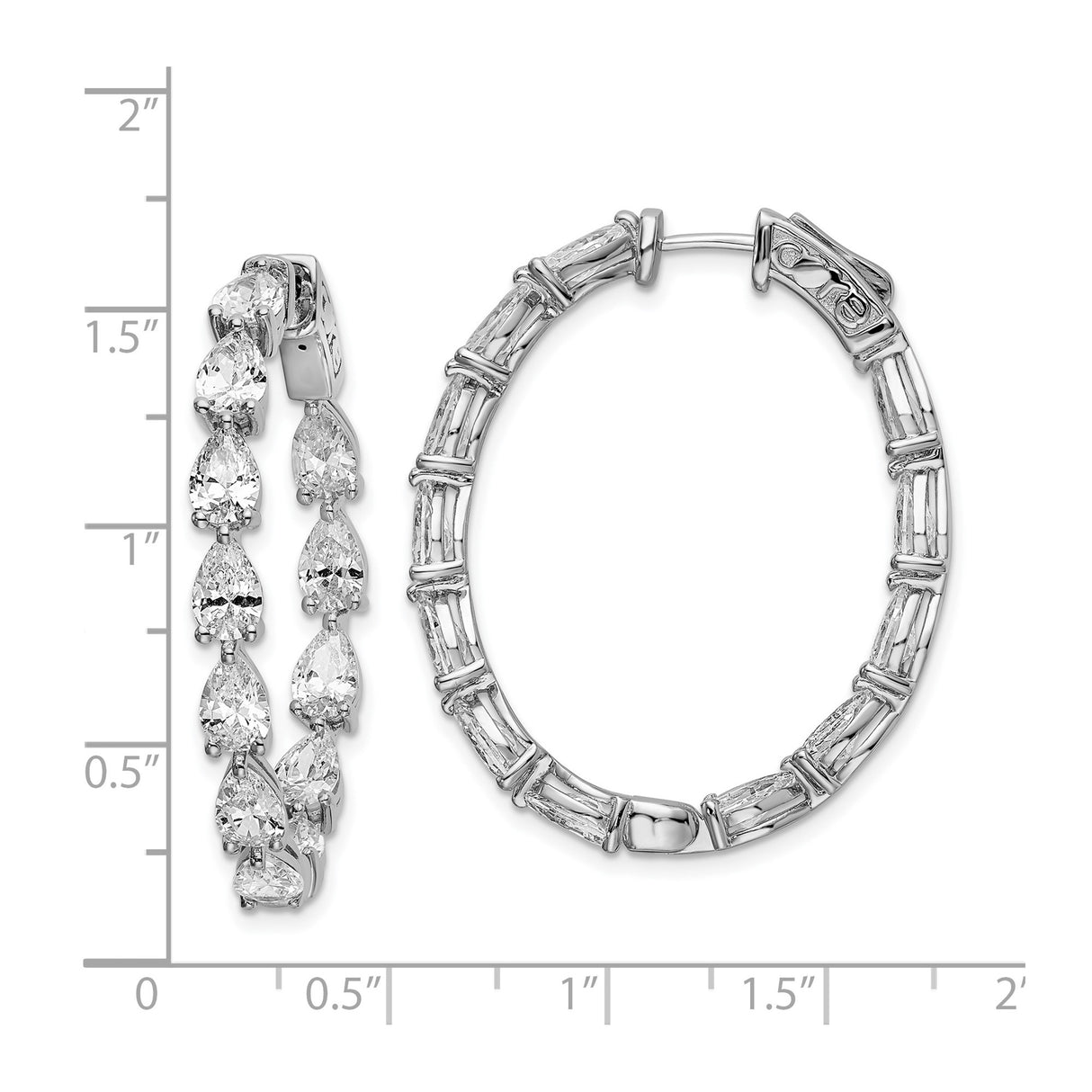 Sterling Silver Hoop Earrings with Pear Cut and Baguette Cubic Zirconia, Oval Hinged Design
