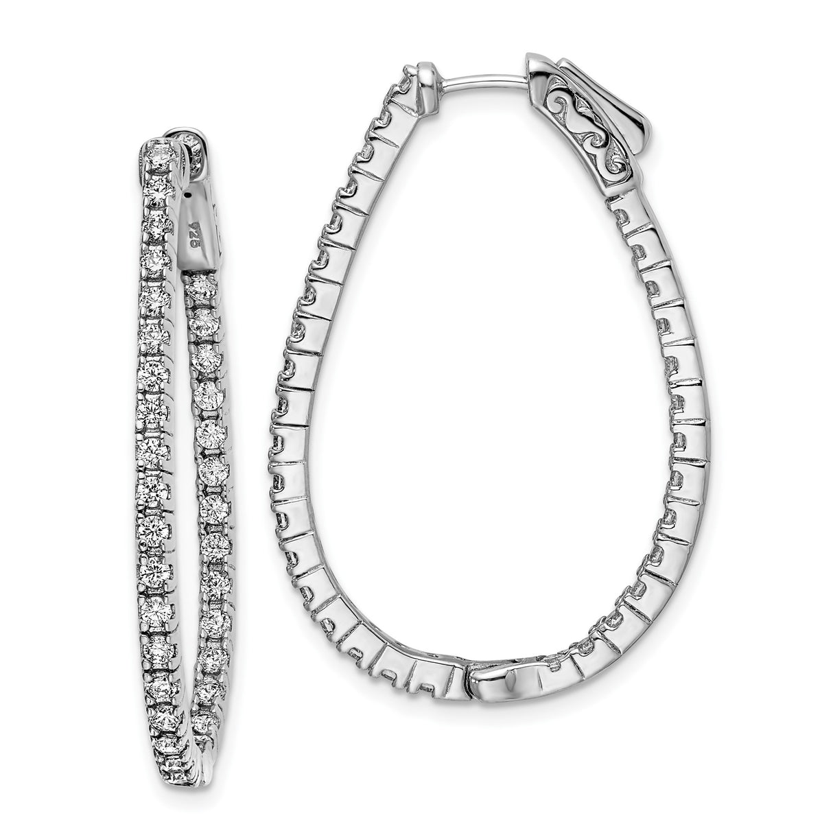 Sterling Silver Teardrop Hoop Earrings with Cubic Zirconia, Modern Front Facing Design
