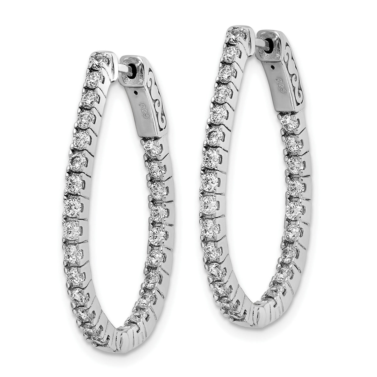 Sterling Silver Oval Hoop Earrings with Cubic Zirconia, Swirl Accent, Latch Back Closure