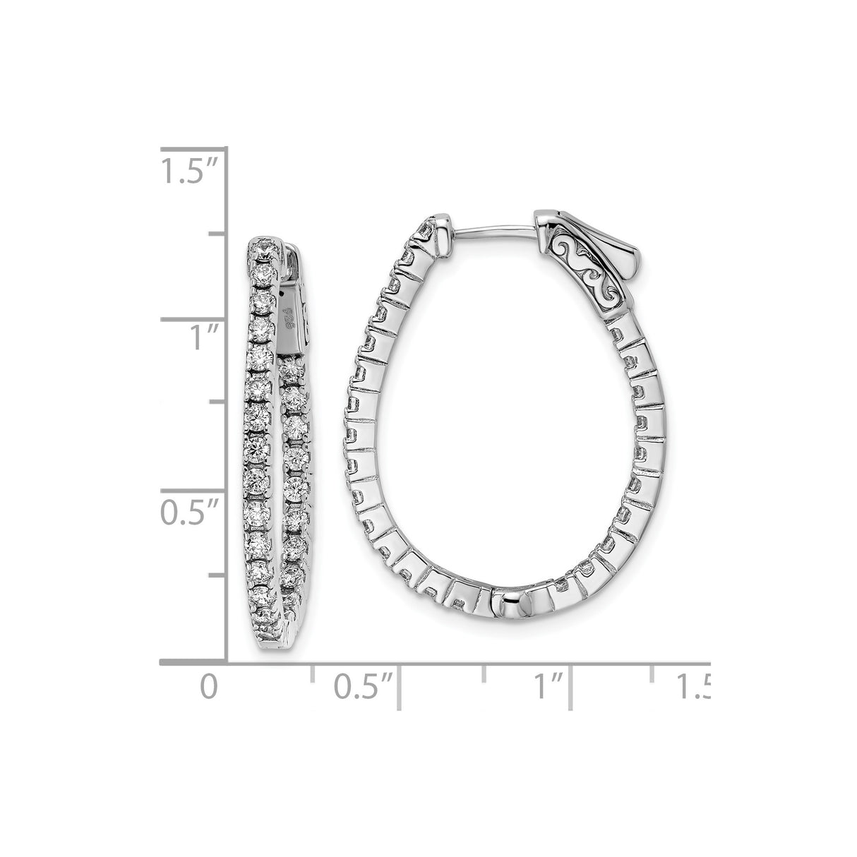 Sterling Silver Oval Hoop Earrings with Cubic Zirconia, Swirl Accent, Latch Back Closure