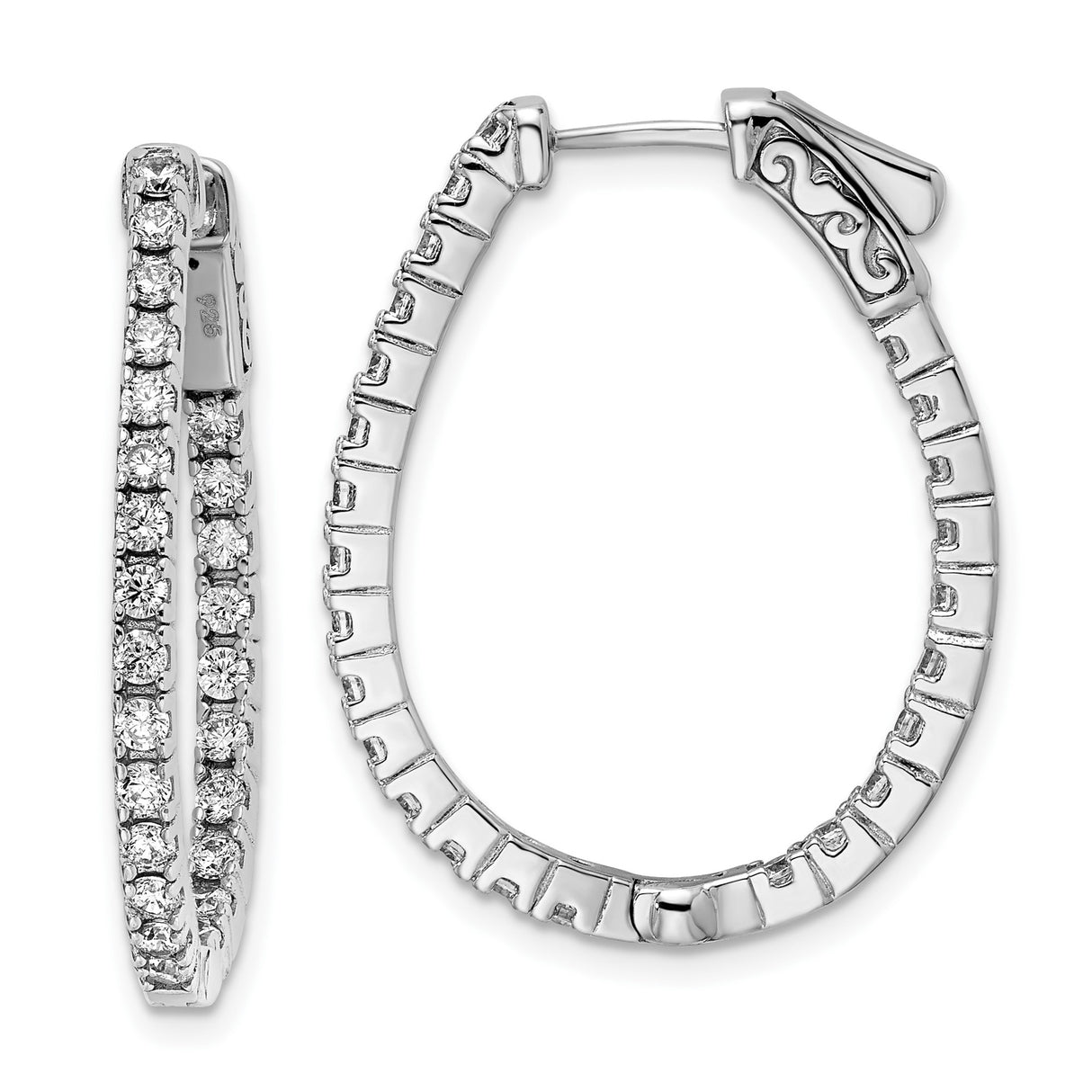 Sterling Silver Oval Hoop Earrings with Cubic Zirconia, Swirl Accent, Latch Back Closure