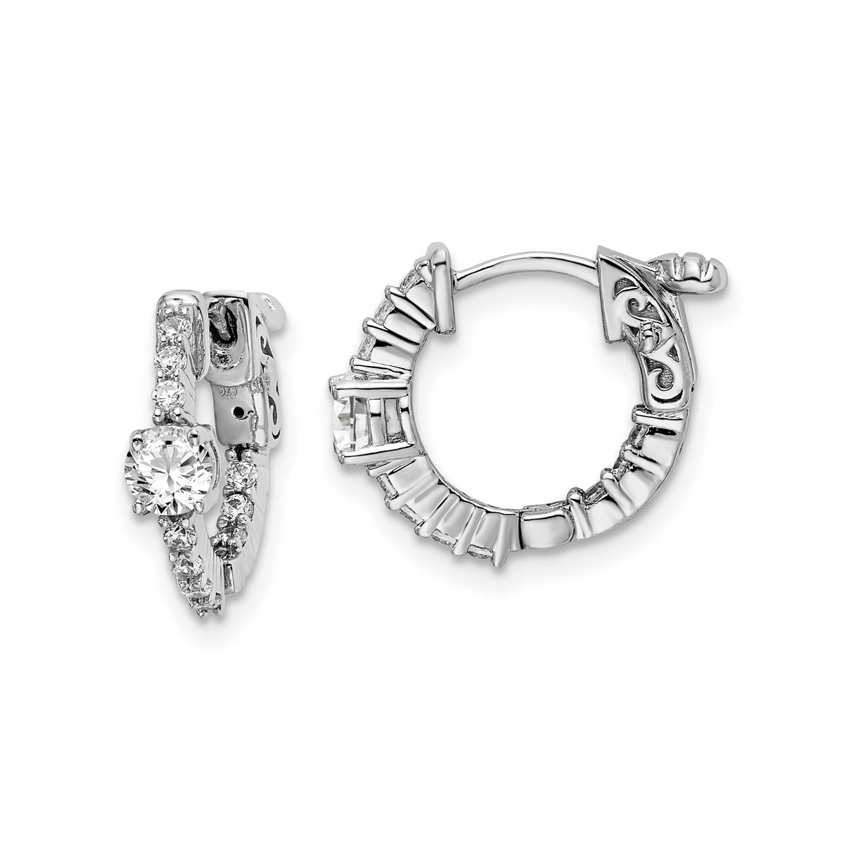 Sterling Silver Hoop Earrings with Cubic Zirconia, Twisted Design, Roman Numerals, Filigree Etching