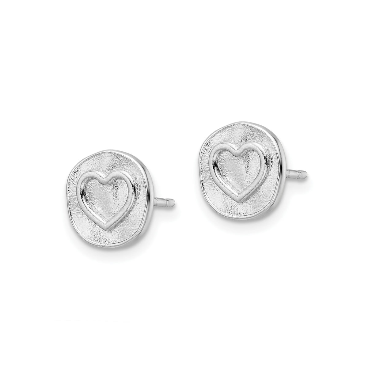 Sterling Silver Heart Stud Earrings with Textured Disc Design
