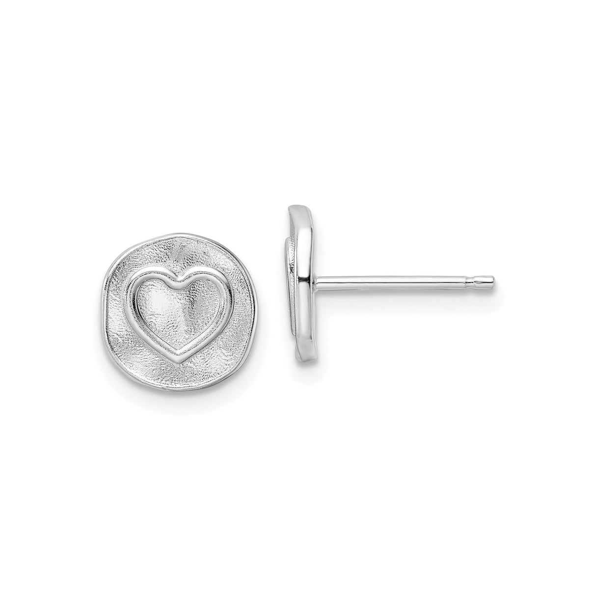 Sterling Silver Heart Stud Earrings with Textured Disc Design