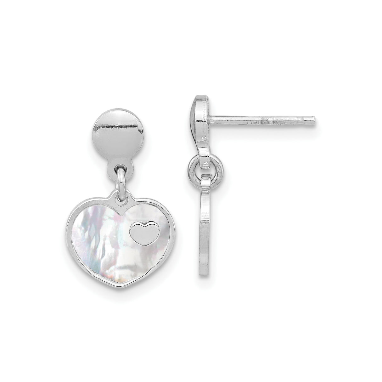 Sterling Silver Heart Drop Earrings with Mother of Pearl Inlay, Romantic Dangle Design