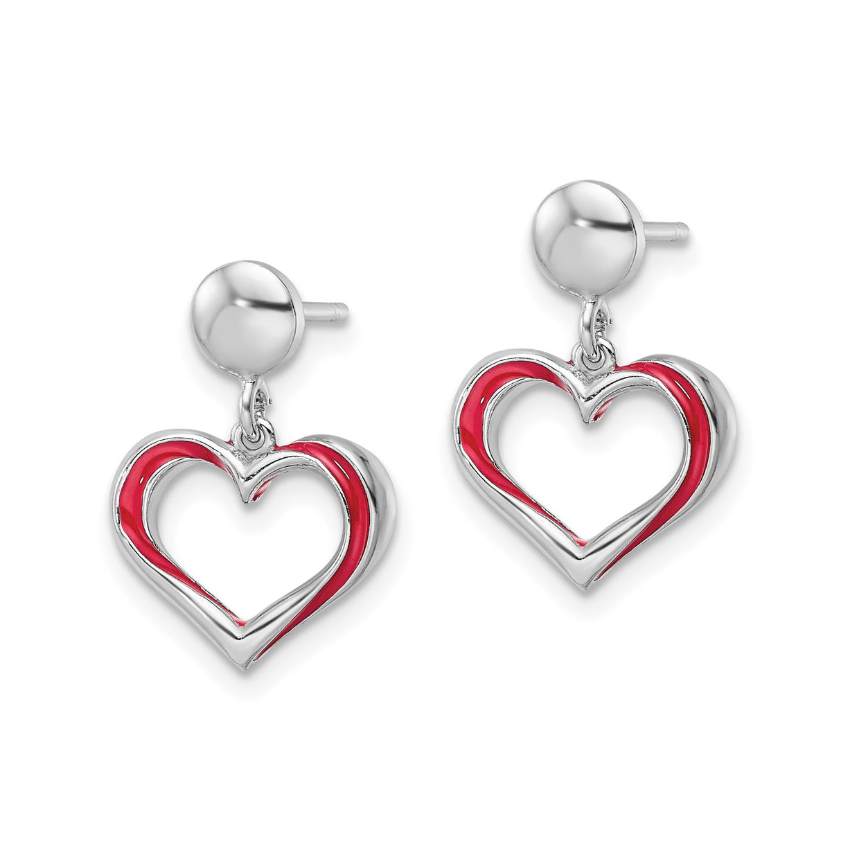 Sterling Silver Heart Dangle Earrings with Red Enamel Accents, Lightweight Romantic Style