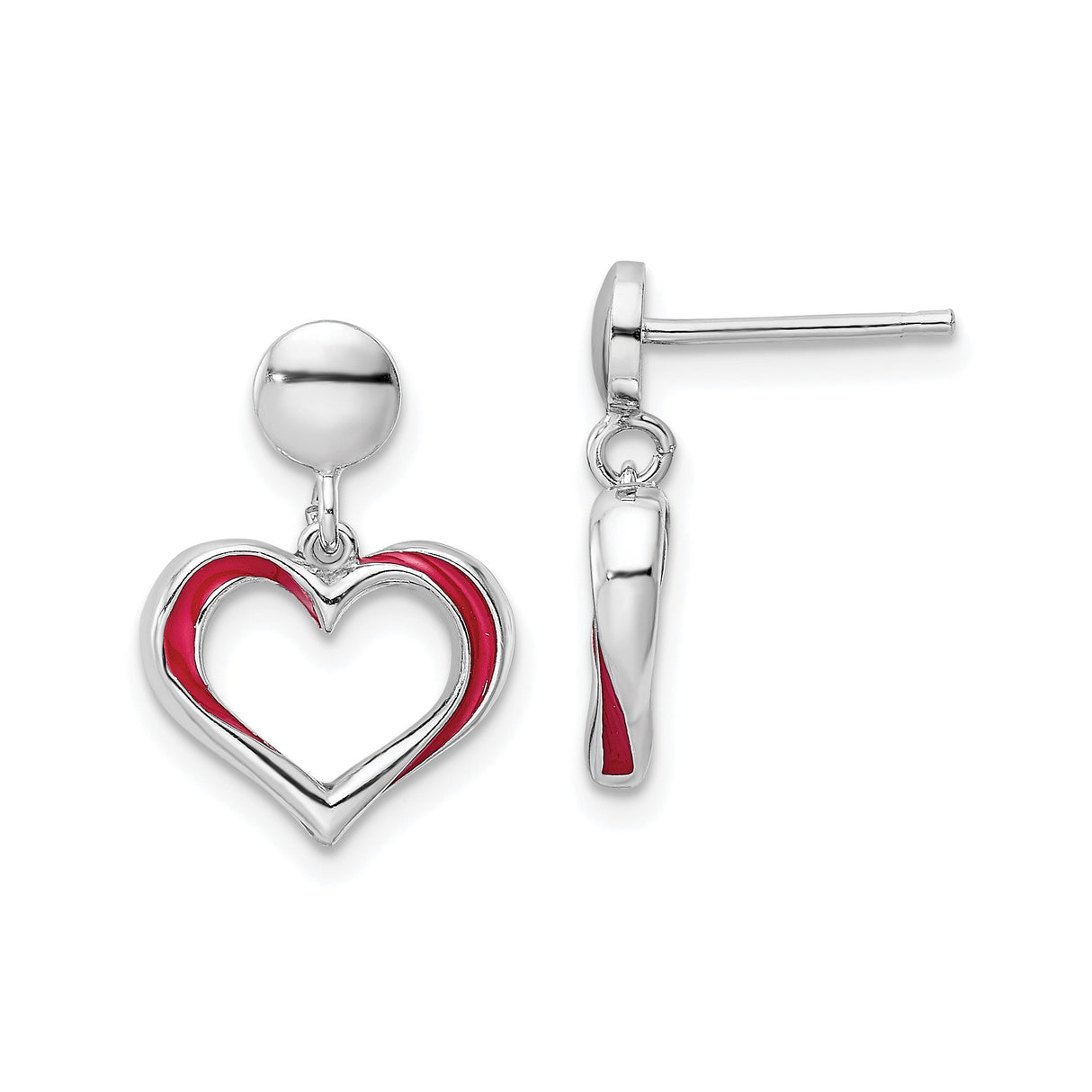 Sterling Silver Heart Dangle Earrings with Red Enamel Accents, Lightweight Romantic Style