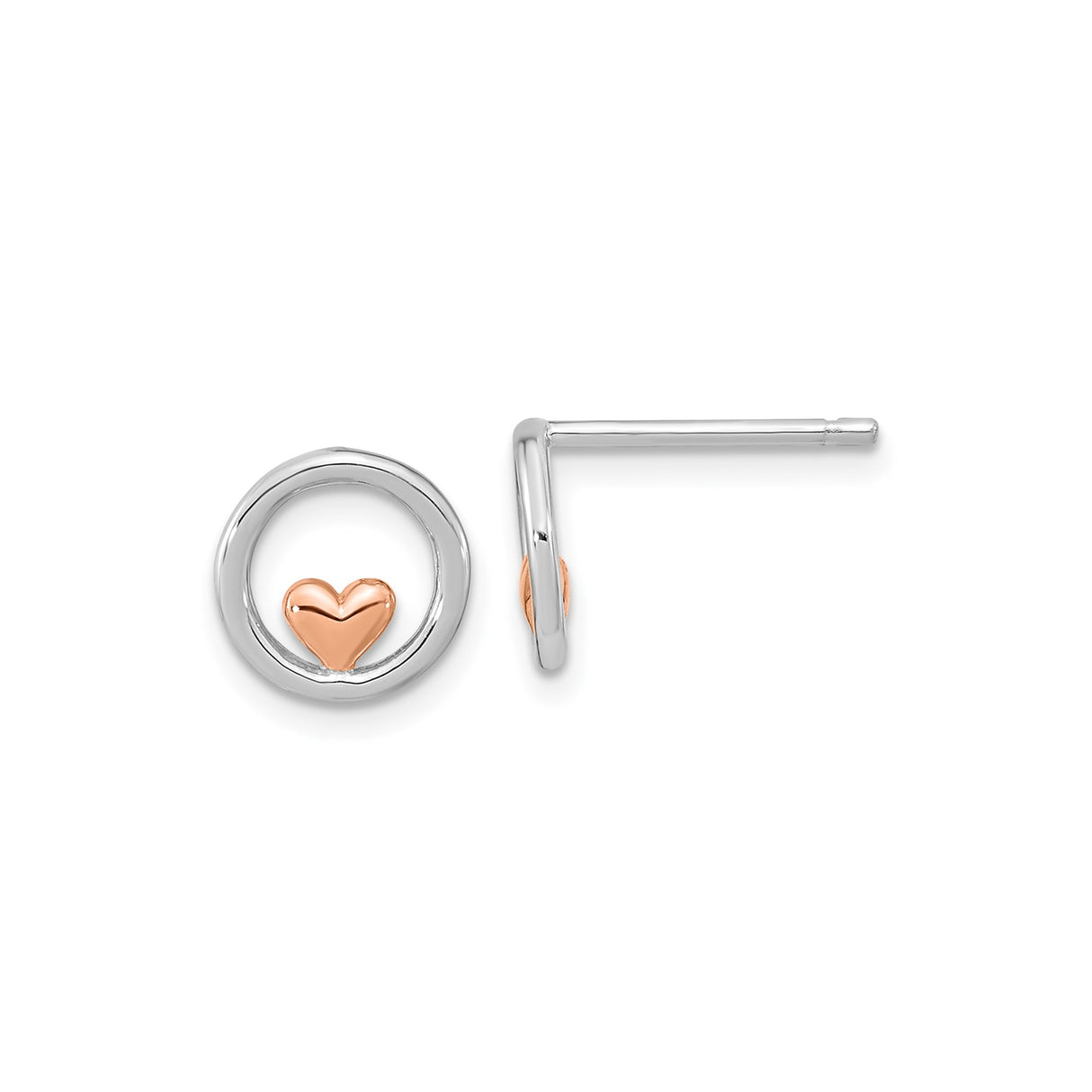 Sterling Silver Open Circle Heart Stud Earrings, Rose-Plated Center, Romantic Style for Women and Teens