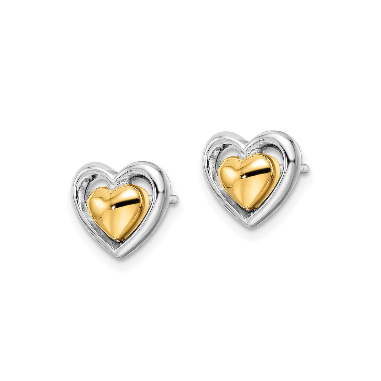 Sterling Silver Heart Stud Earrings with Gold Plated Inner Heart, Two-Tone Design