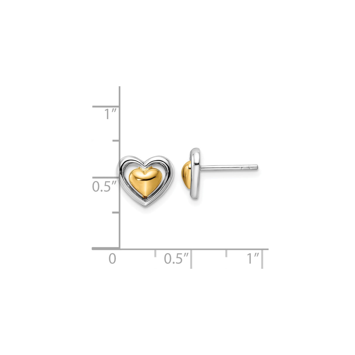 Sterling Silver Heart Stud Earrings with Gold Plated Inner Heart, Two-Tone Design