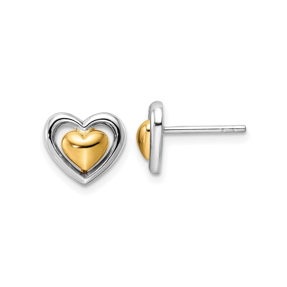 Sterling Silver Heart Stud Earrings with Gold Plated Inner Heart, Two-Tone Design