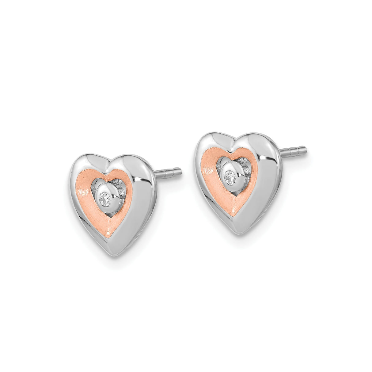 Sterling Silver Heart Shaped Stud Earrings with Diamond Accent, Double Heart Design