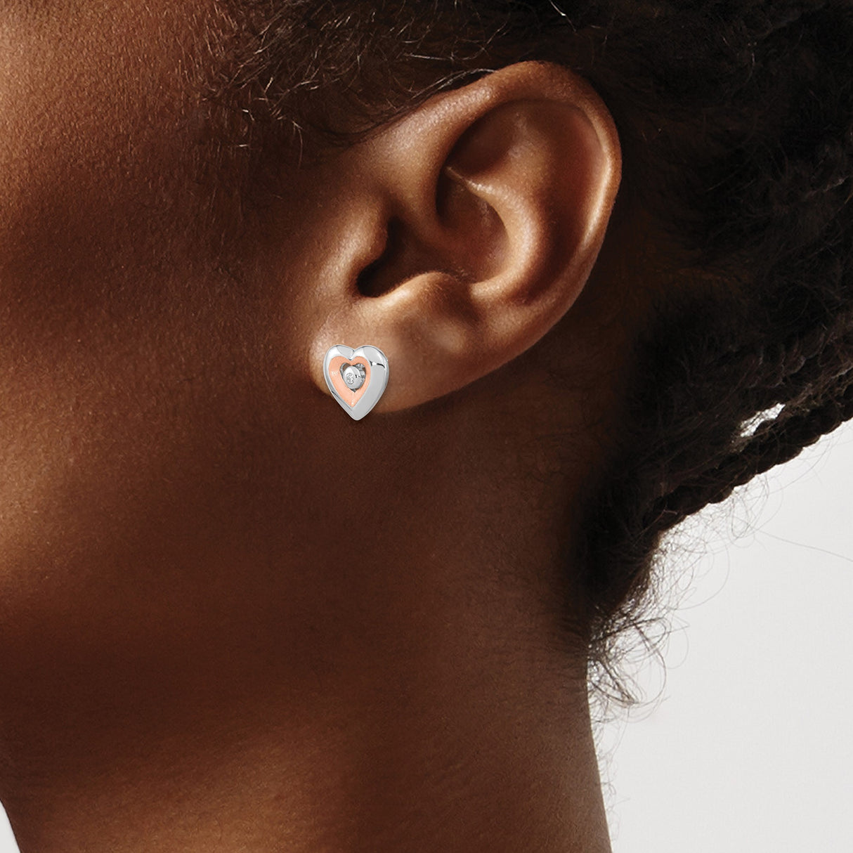 Sterling Silver Heart Shaped Stud Earrings with Diamond Accent, Double Heart Design