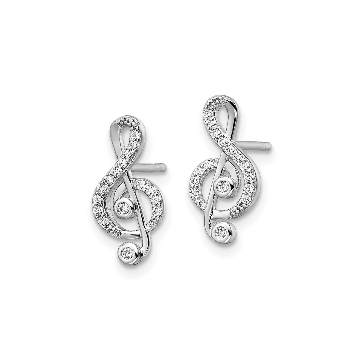 Sterling Silver Treble Clef Stud Earrings with Cubic Zirconia, Musical Note Design