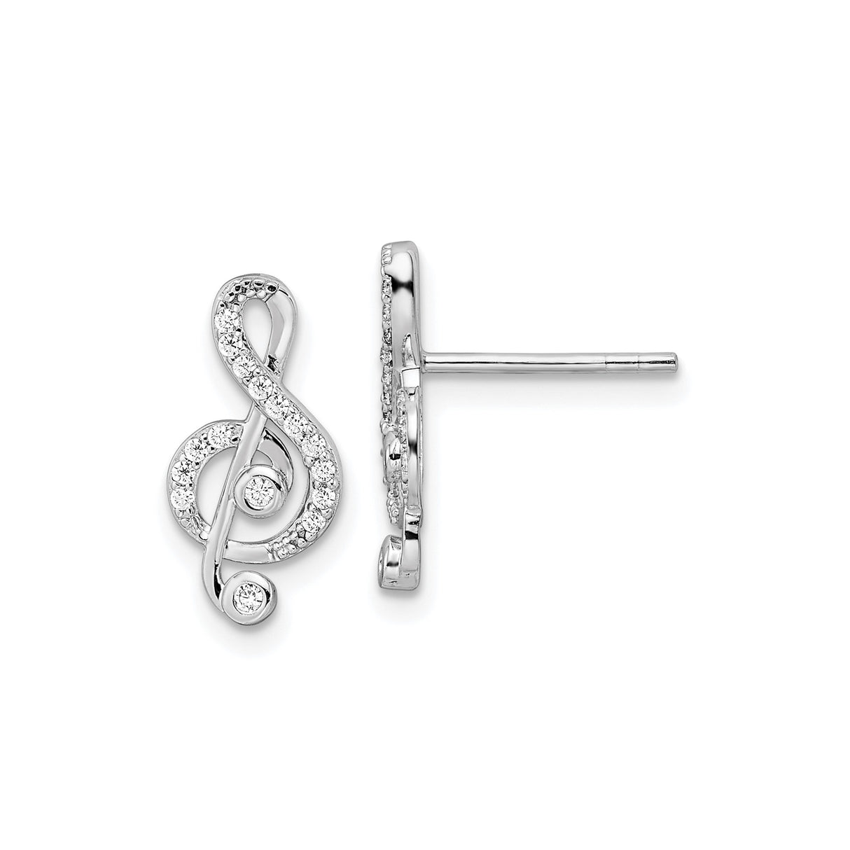 Sterling Silver Treble Clef Stud Earrings with Cubic Zirconia, Musical Note Design