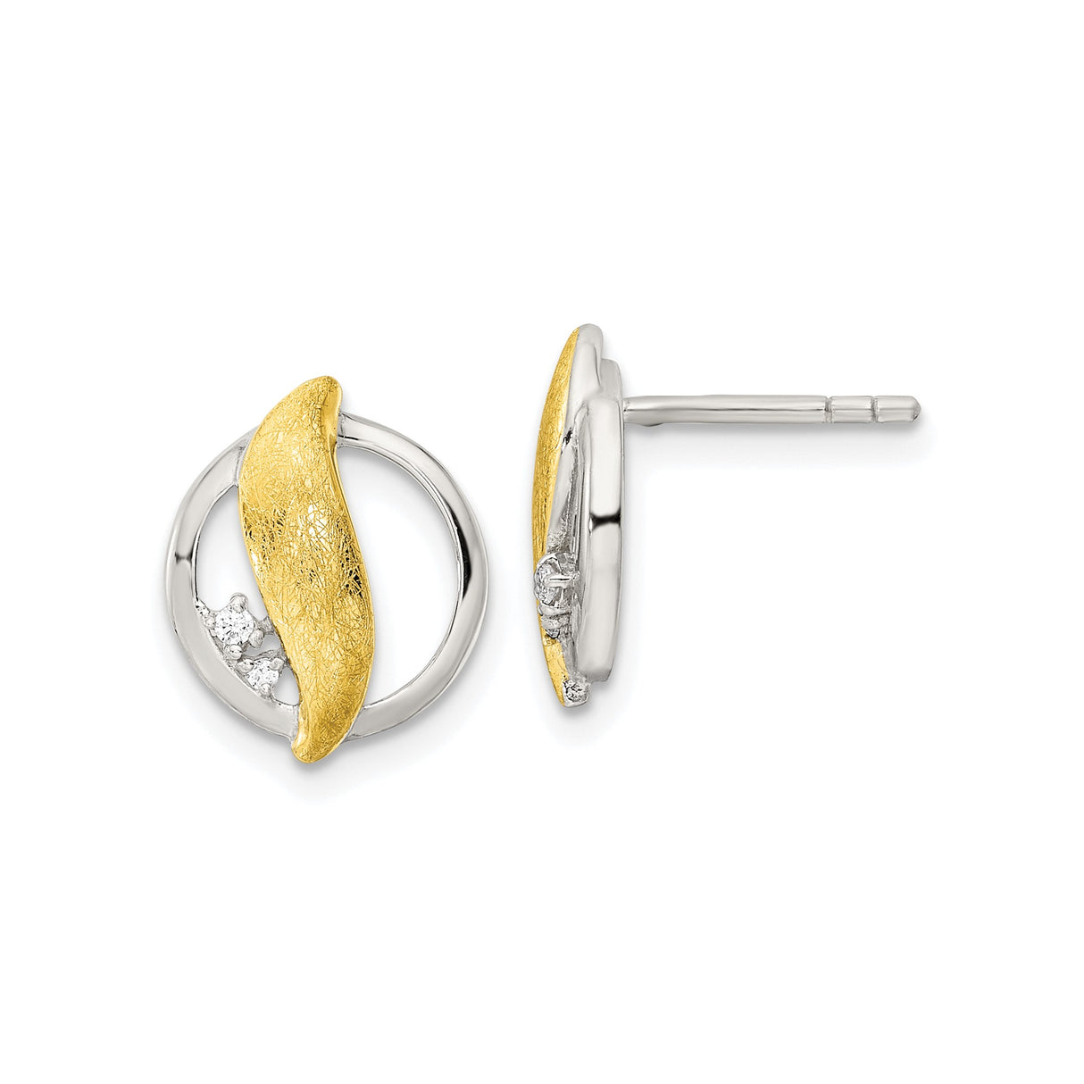 Sterling Silver and 14k Yellow Gold Circle Stud Earrings with Cubic Zirconia, Abstract Geometric Design