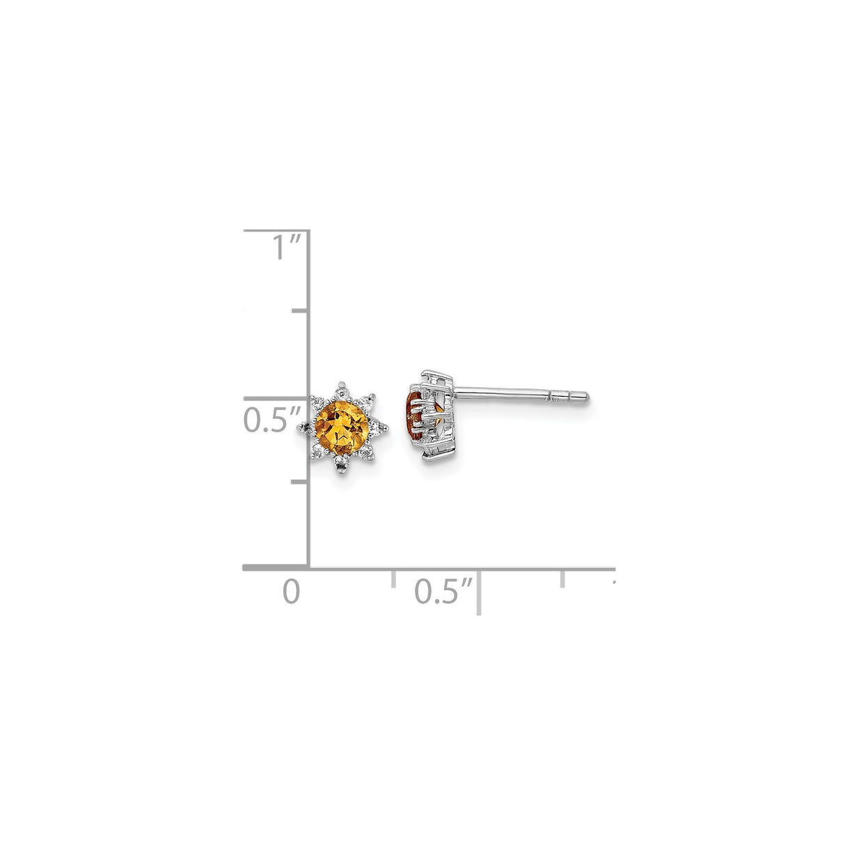 Sterling Silver Stud Earrings with Citrine Center and White Topaz Accents, Sunburst Design